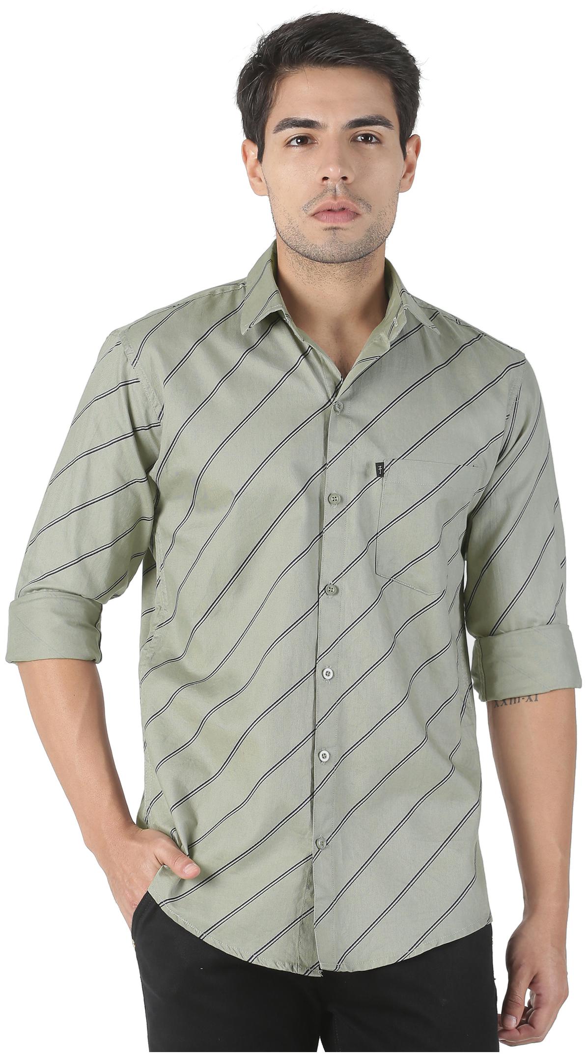 

LEVIZO Men Cotton Horizontal Stripes Olive Casual Shirt