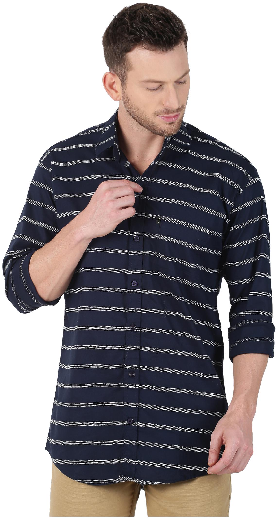 

LEVIZO Men Navy Blue Horizontal Stripes Regular Fit Casual Shirt
