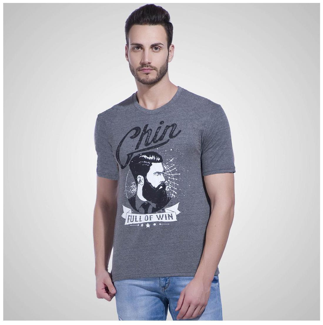 

LEWEL Printed Men s Grey Melange Round Neck Half Sleeve T-Shirt