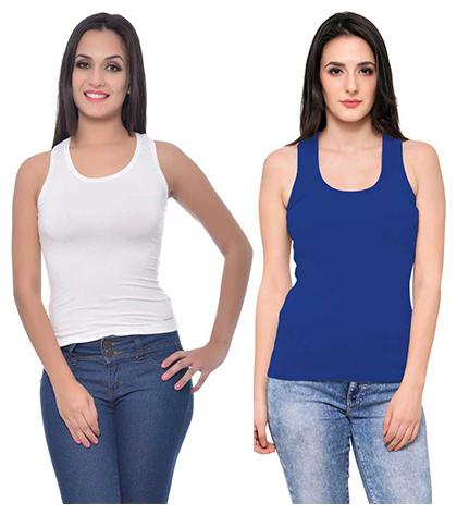 

LIAS Women Blue White Regular fit U neck Cotton Tank top