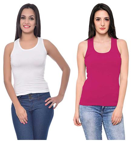

LIAS Women Pink White Regular fit U neck Cotton Tank top