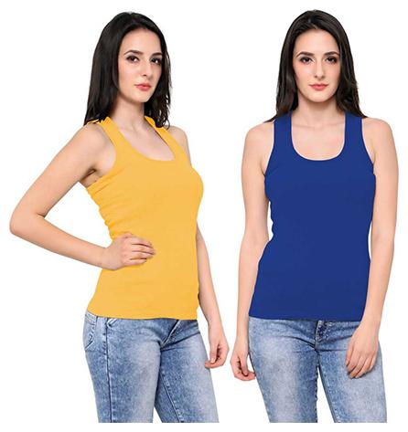 

LIAS Women Yellow Blue Regular fit U neck Cotton Tank top