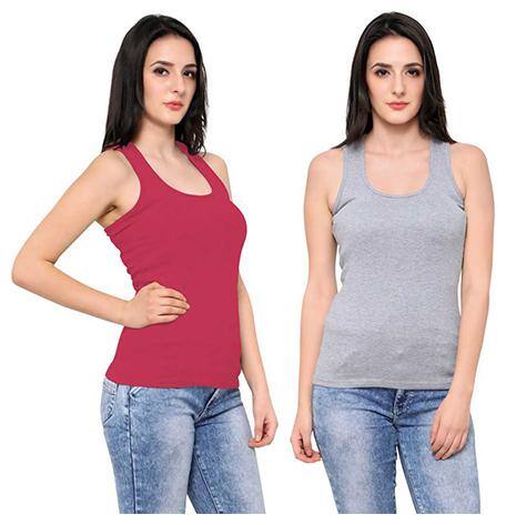 LIAS Women Red & Grey Regular fit U neck Cotton Tank top