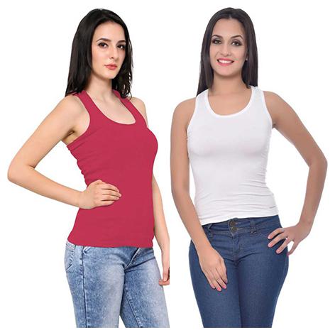 

LIAS Women Pink White Regular fit U neck Cotton Tank top