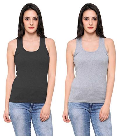 

LIAS Women Grey Black Regular fit U neck Cotton Tank top