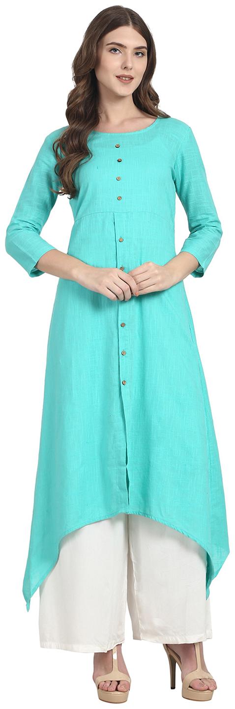 

Nayo Light Blue 3 4 Sleeve Front Open Cotton Slub A-Line Kurta