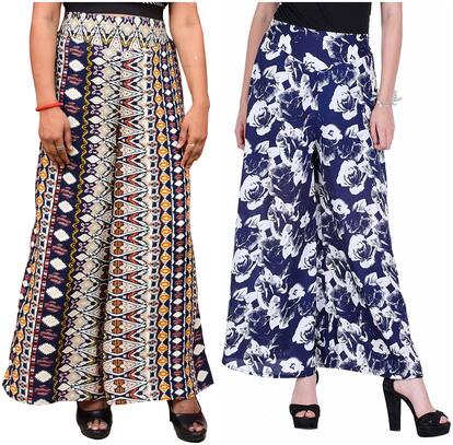 Lili Women Wide Leg High Elastic Waist Floral Print Crepe Palazzo Pants Pack Of 2