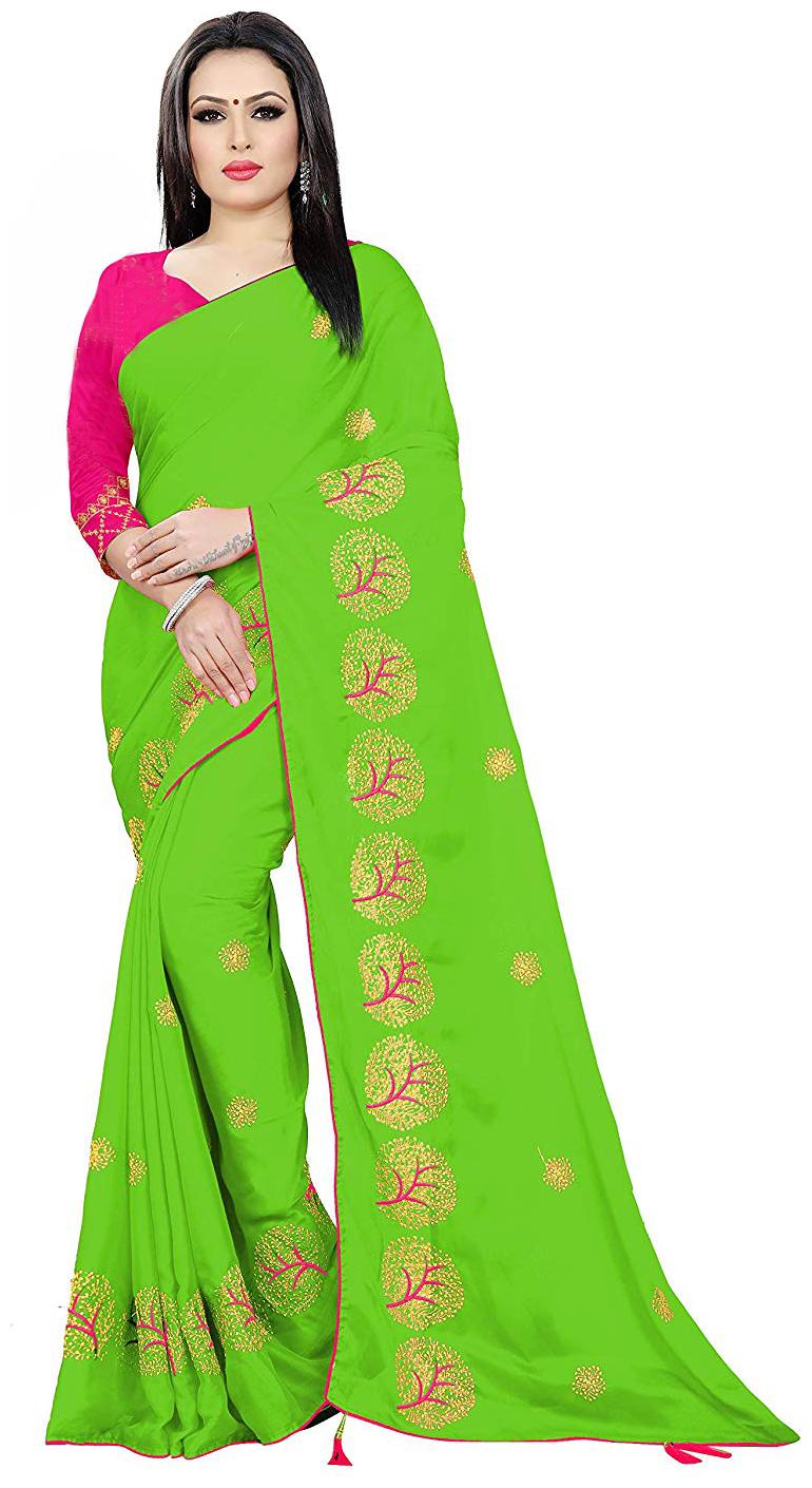 

Limedeal Heavy Embroidered Chiffon Saree With Piping With Blouse Green