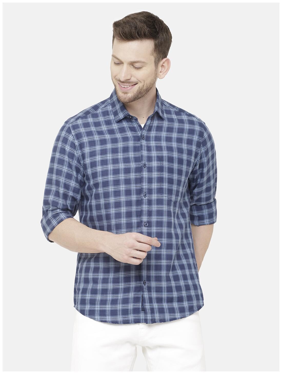 

Linen Club Men Blue Checked Regular Fit Casual Shirt