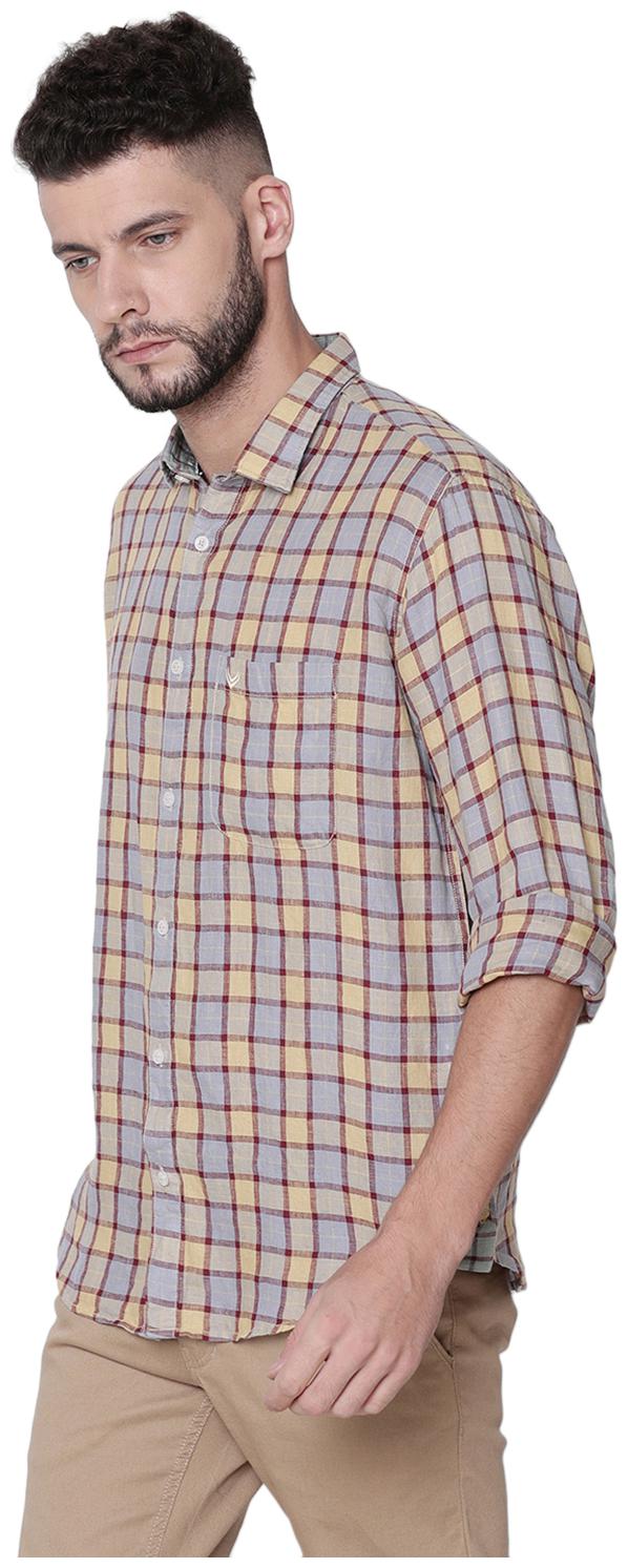 Buy Linen Club Men Yellow Grey Checked Regular Fit Casual Shirt
