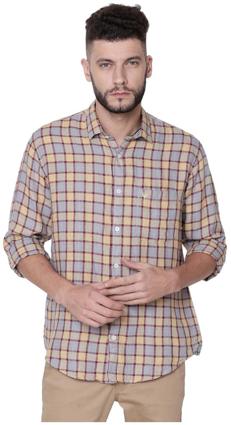 

Linen Club Men Yellow Grey Checked Regular Fit Casual Shirt