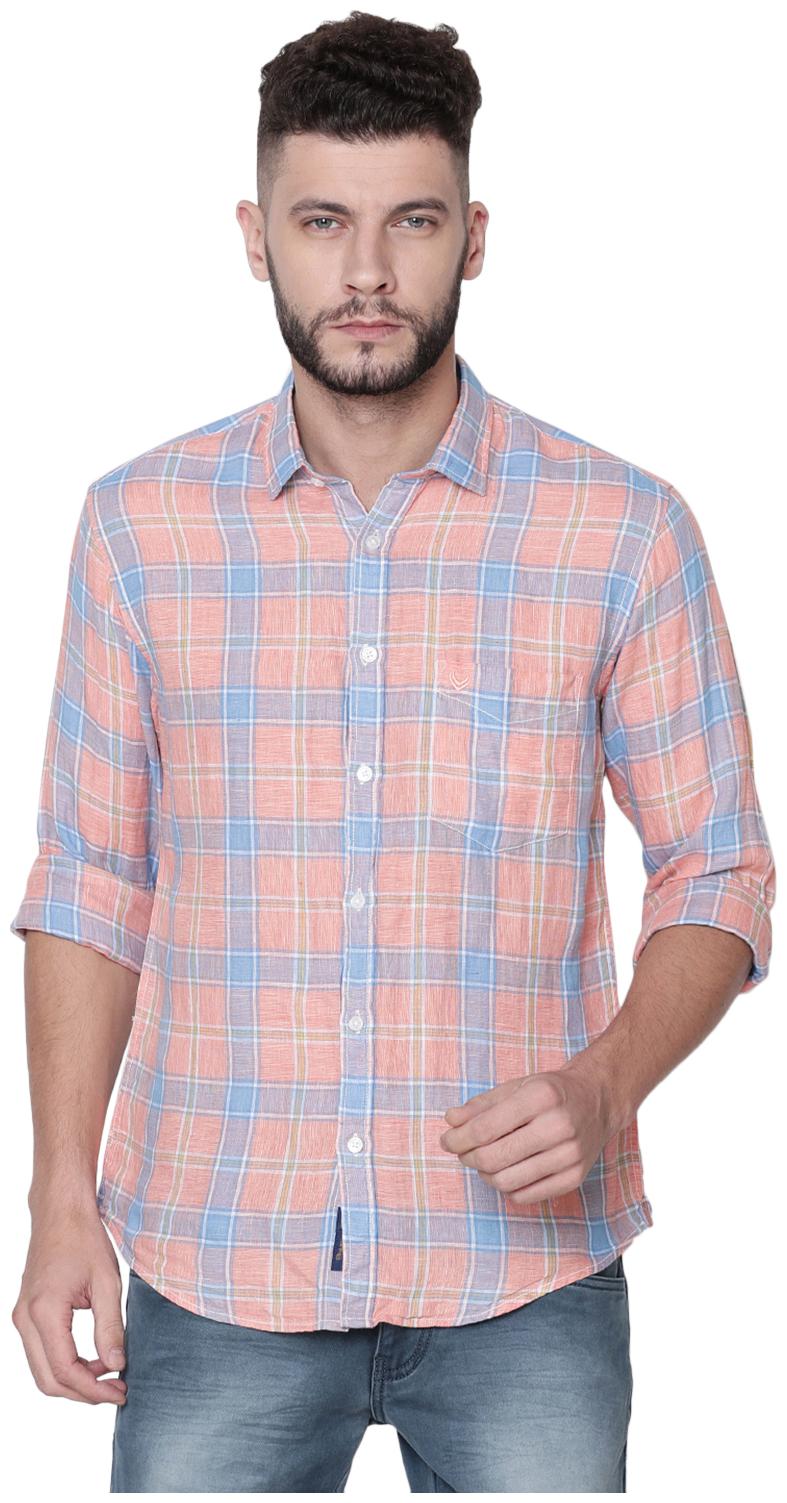

Linen Club Men Orange Blue Checked Regular Fit Casual Shirt