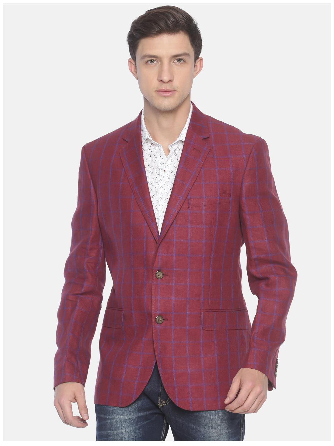 

Linen Club Men Red Checked Regular fit Single Breasted Blazer