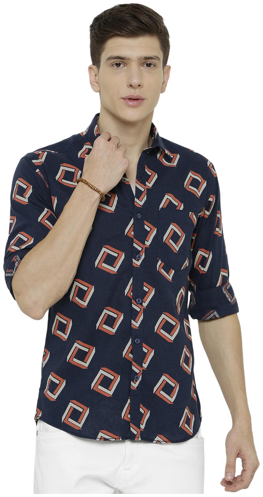 

Linen Club Men Navy Blue Printed Regular Fit Casual Shirt