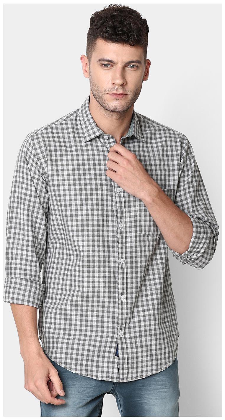 

Linen Club Men Grey White Checked Regular Fit Casual Shirt