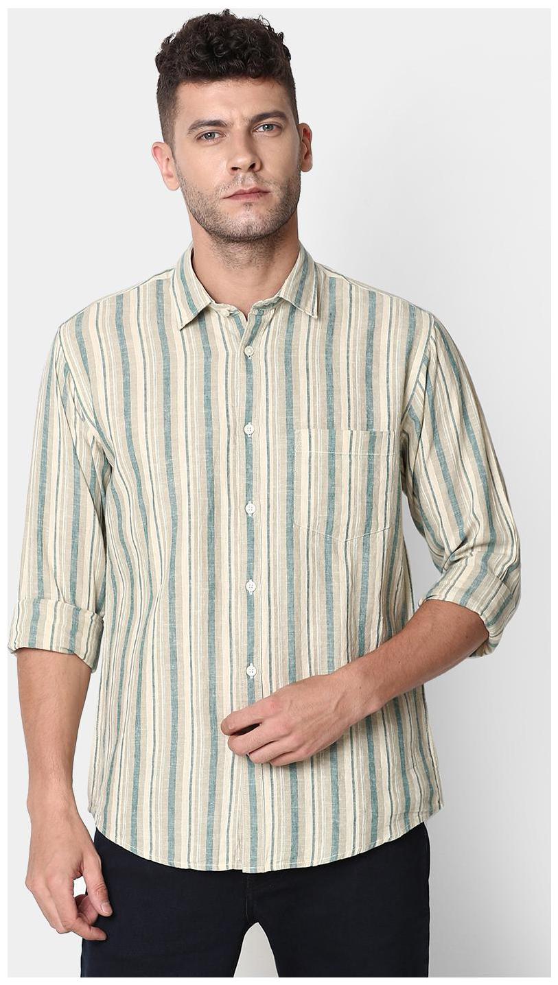 

Linen Club Men Green Beige Vertical Stripes Regular Fit Casual Shirt