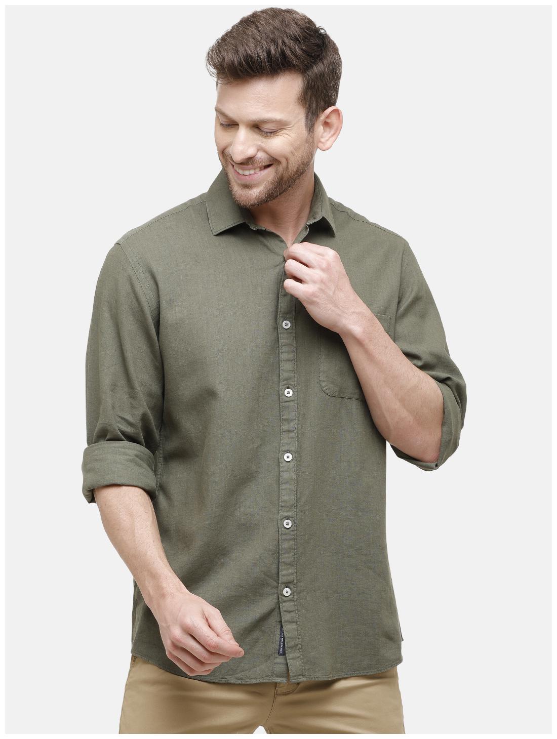 

Linen Club Men Linen Solid Olive Casual Shirt