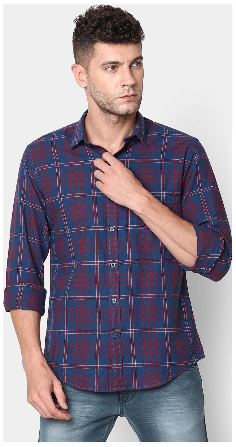 

Linen Club Men Blue Maroon Checked Regular Fit Casual Shirt