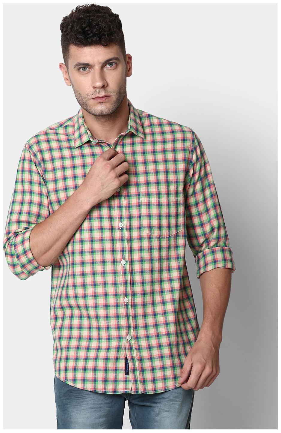 

Linen Club Men Green Pink Checked Regular Fit Casual Shirt
