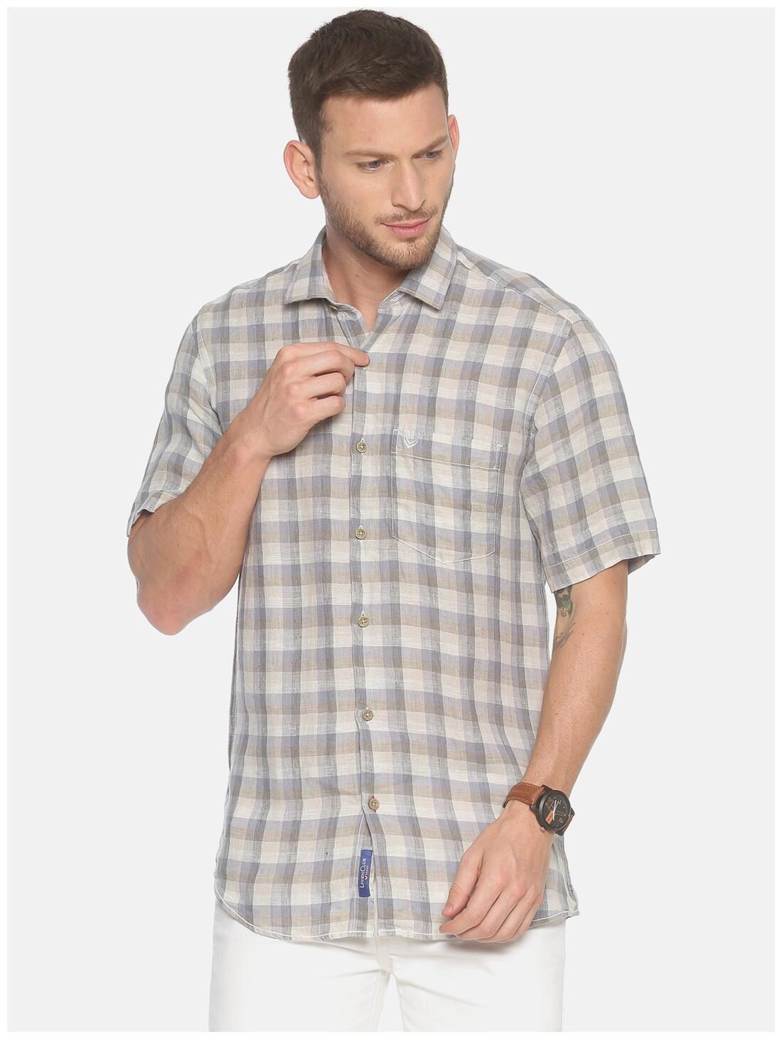 

Linen Club Men Grey Checked Regular Fit Casual Shirt