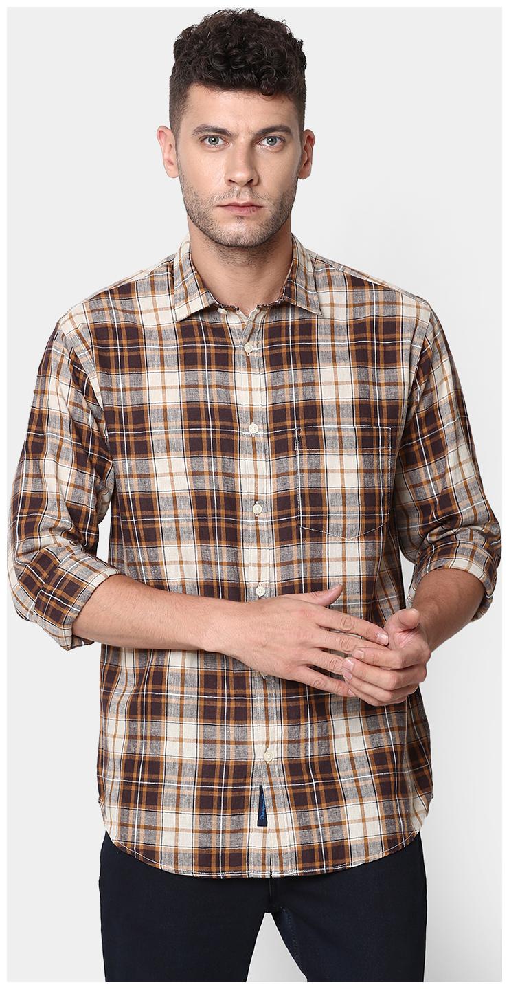 

Linen Club Men Brown Beige Checked Regular Fit Casual Shirt