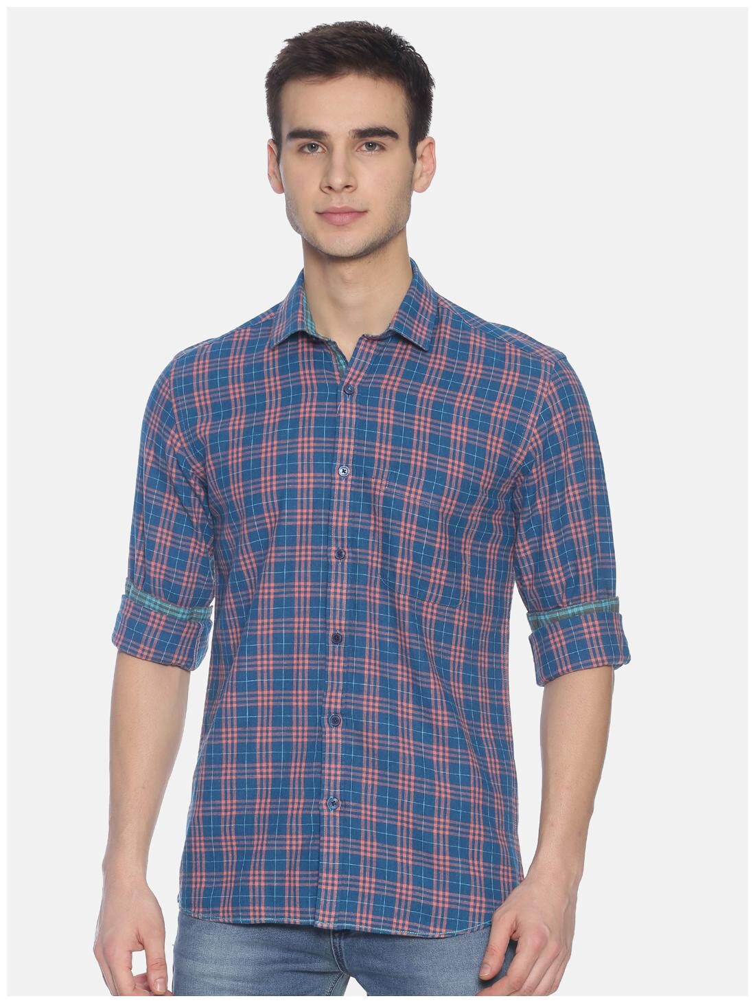 

Linen Club Men Navy Blue Checked Regular Fit Casual Shirt