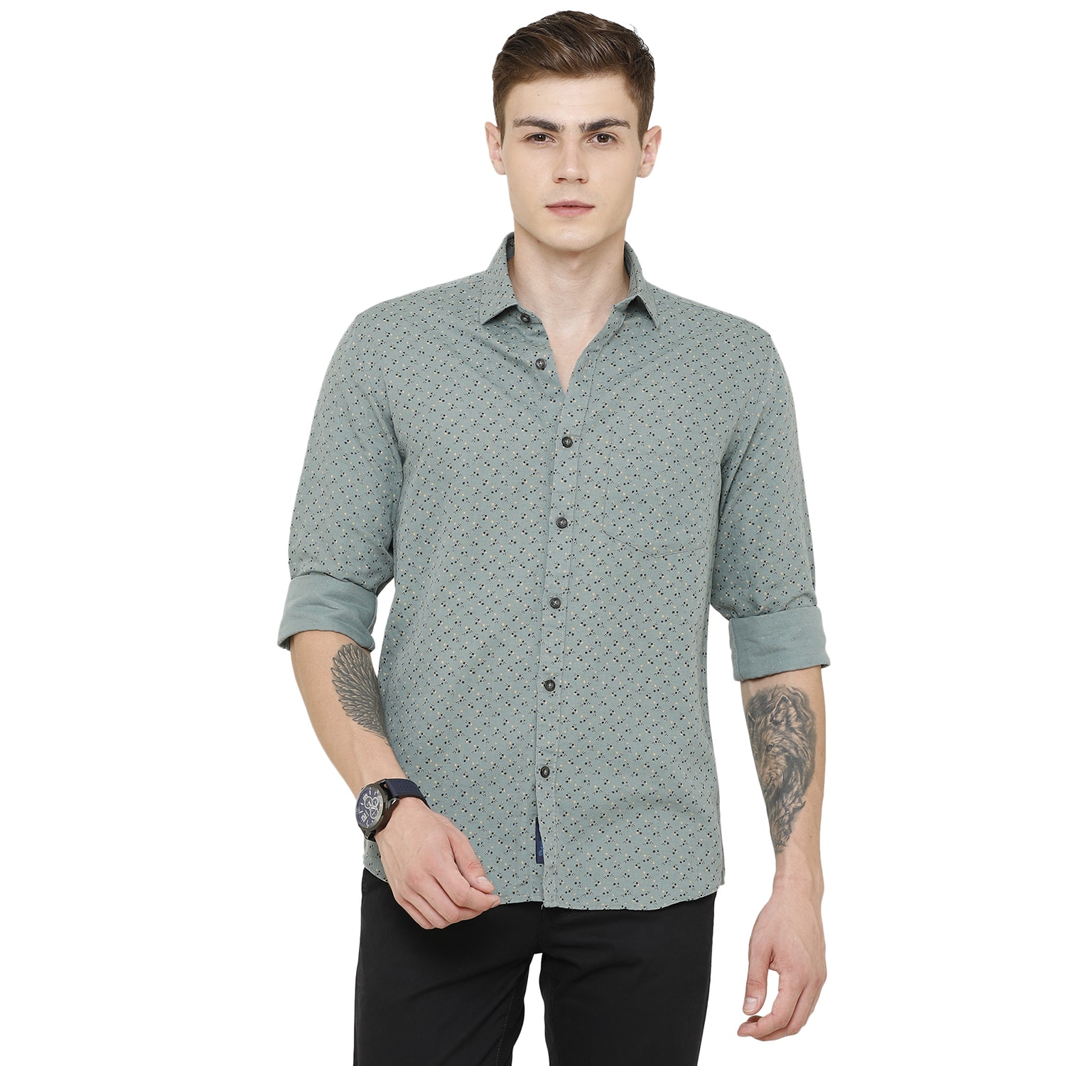 

Linen Club Olive Printed Casual Regular Fit Linen Shirts for Men