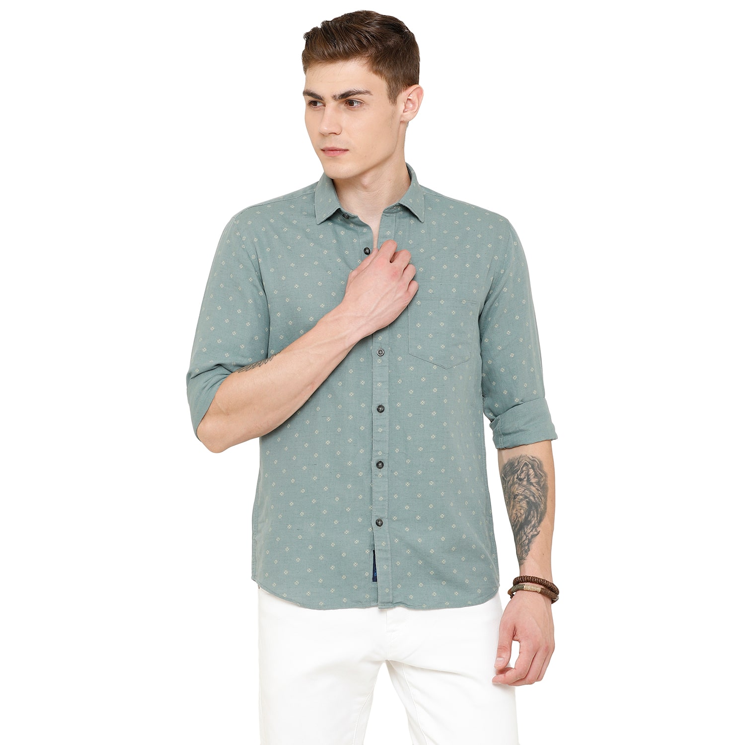 

Linen Club Olive Printed Casual Regular Fit Linen Shirts for Men