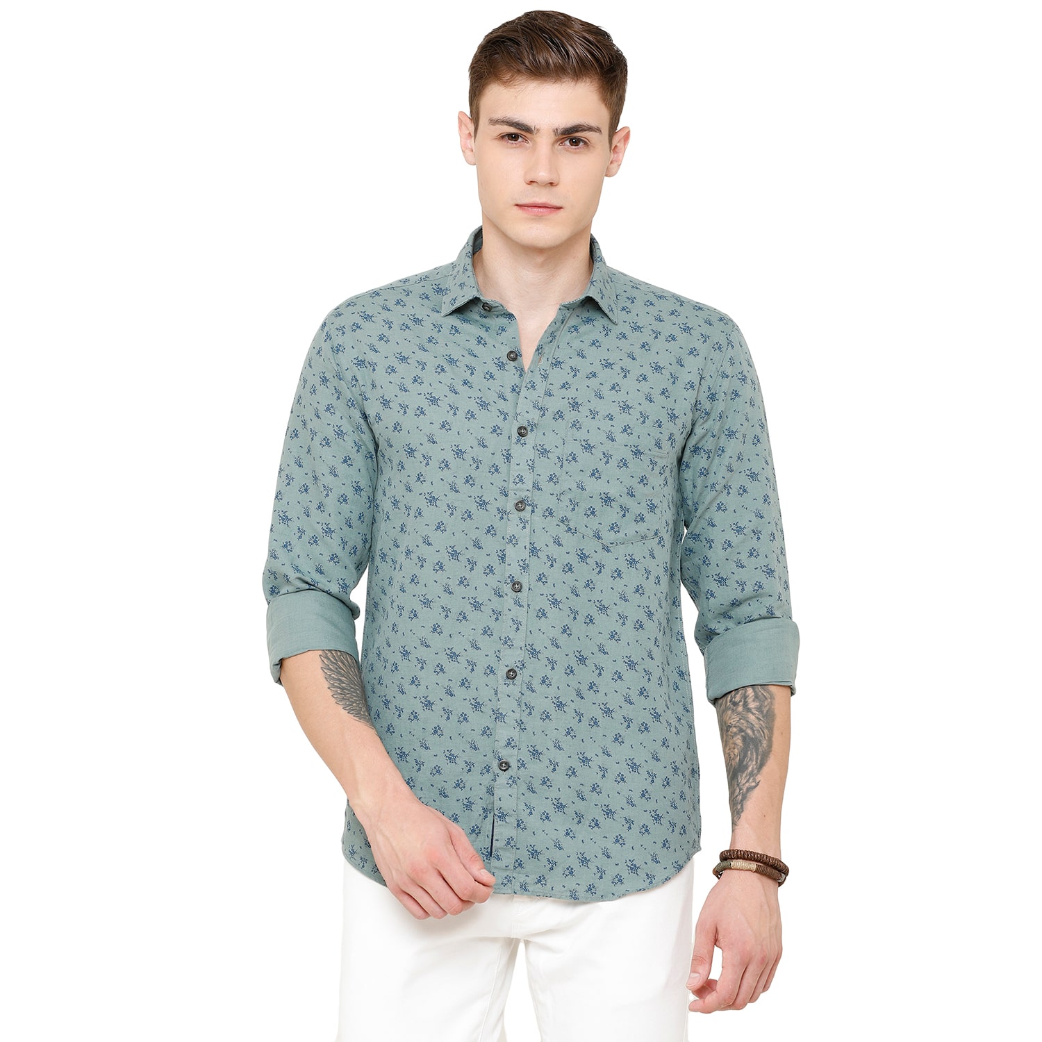 

Linen Club Olive Printed Casual Regular Fit Linen Shirts for Men