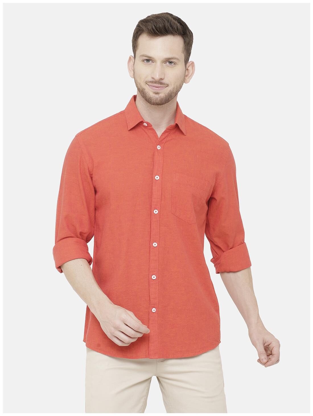 

Linen Club Men Orange Solid Regular Fit Casual Shirt