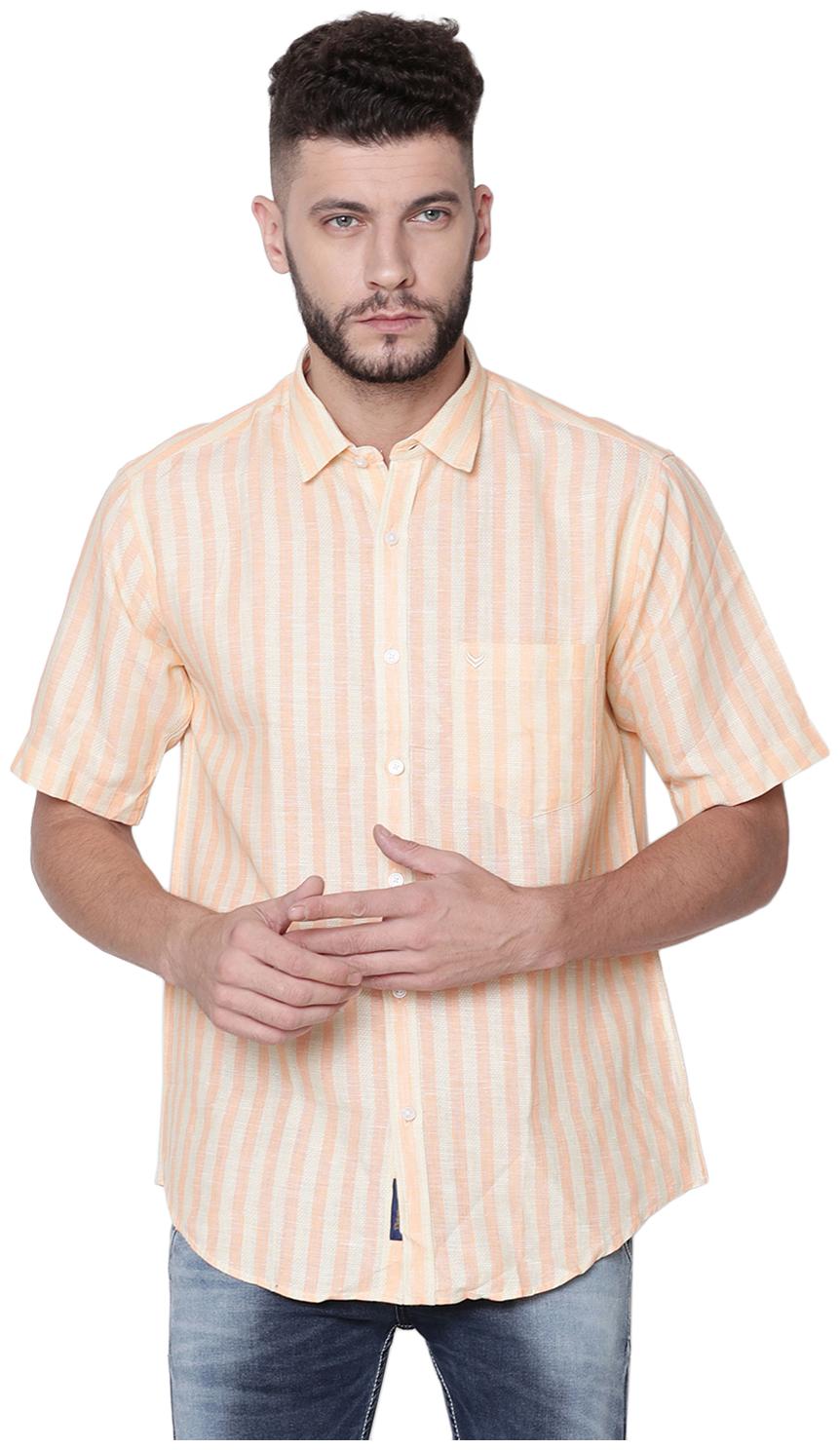 

Linen Club Men Orange Beige Vertical Stripes Regular Fit Casual Shirt