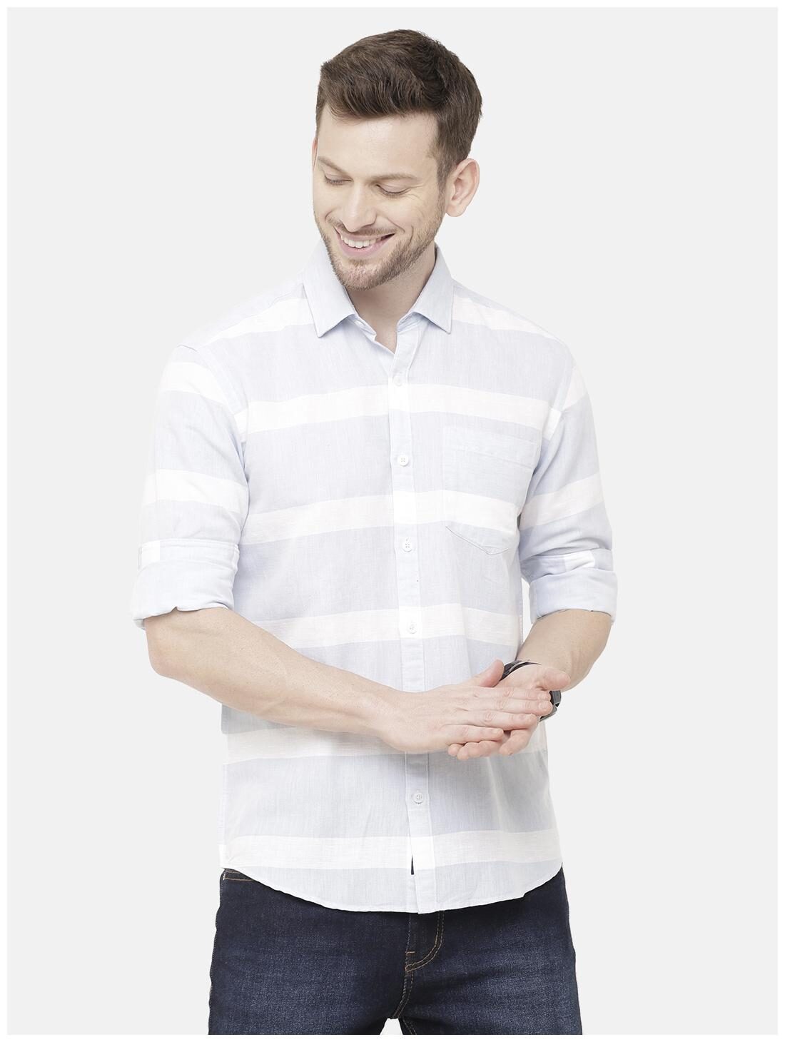 

Linen Club Men Blue White Vertical Stripes Regular Fit Casual Shirt