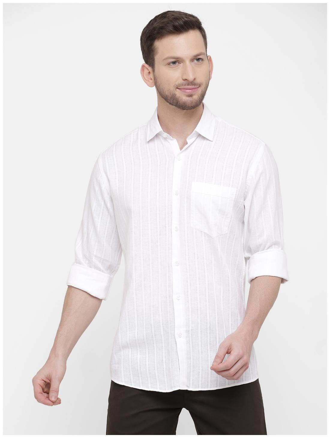 

Linen Club White Striped Casual Regular Fit Shirts For Men