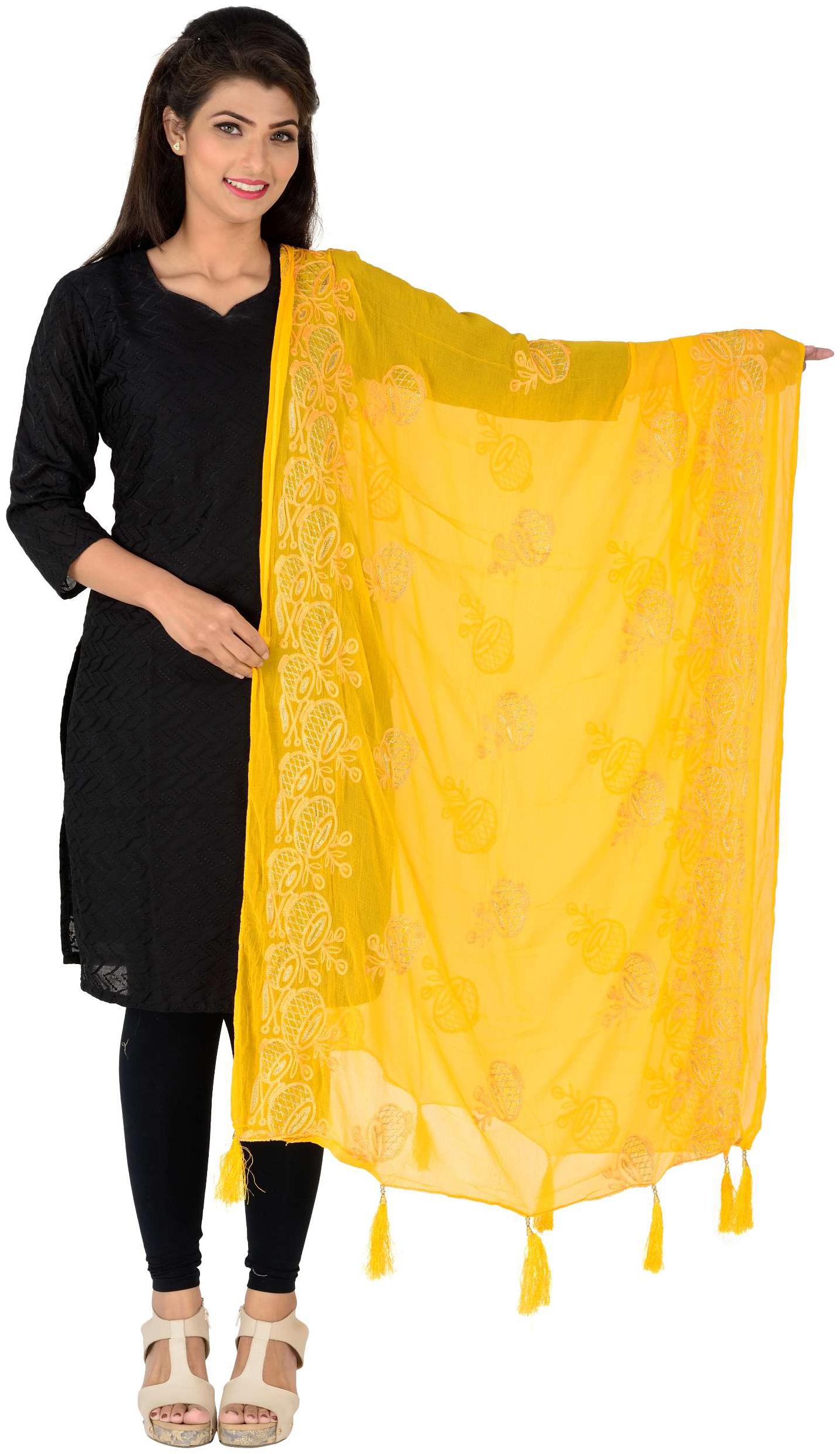 

Lionize Women s Pure Chiffon Embroidered Dupatta with Tussels at Pallu (Yellow)