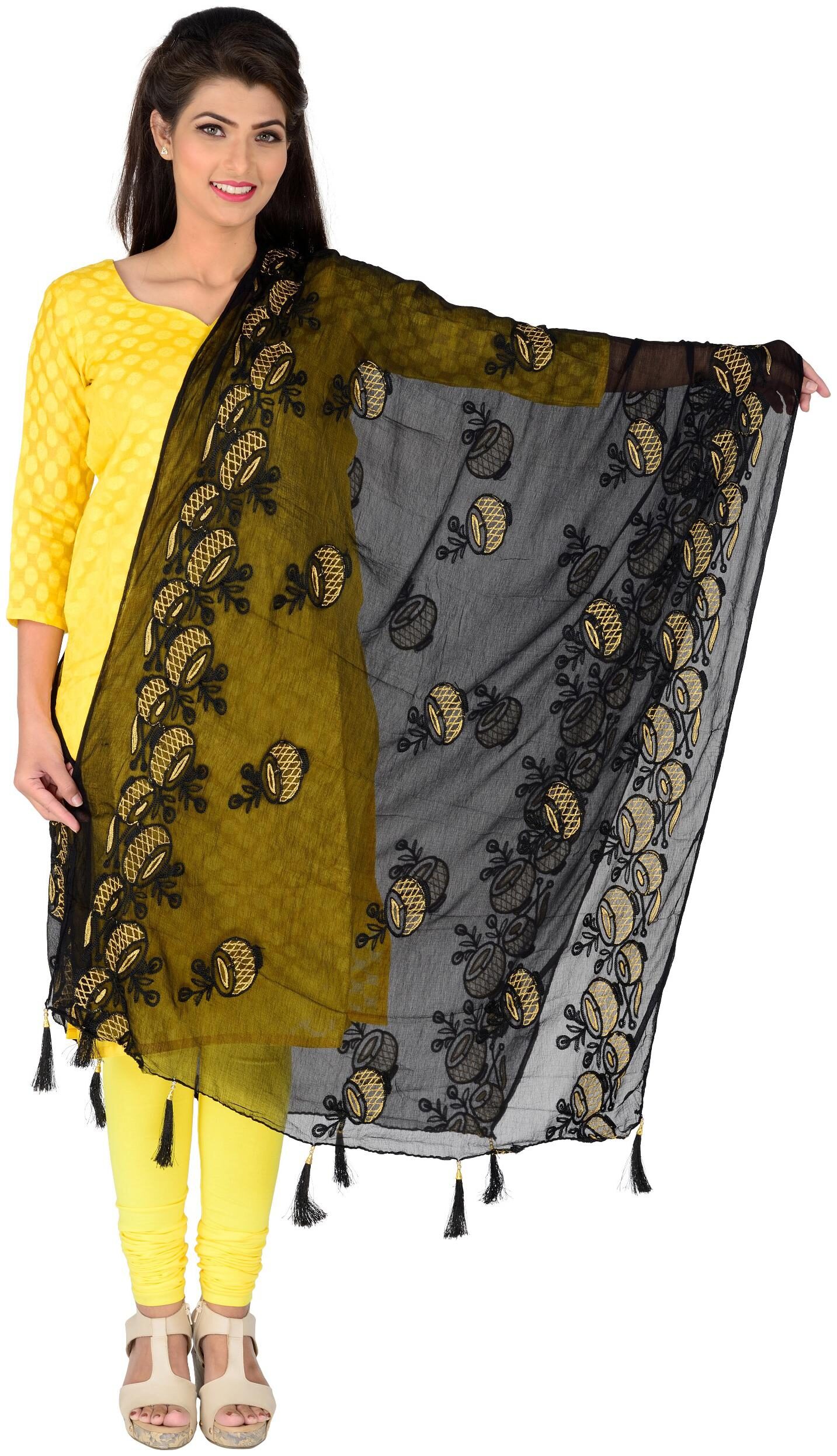 

Lionize Women s Pure Chiffon Embroidered Dupatta with Tussels at Pallu (Black)