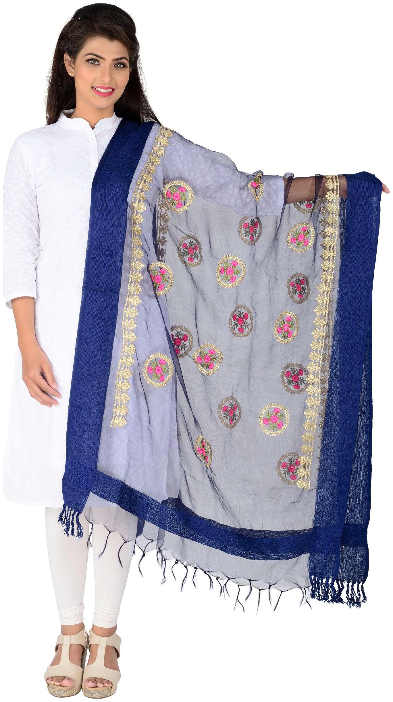 

Lionize Women s Jute Border Banaras Silk Dupatta with Multicolour Embroidered (Navy Blue)