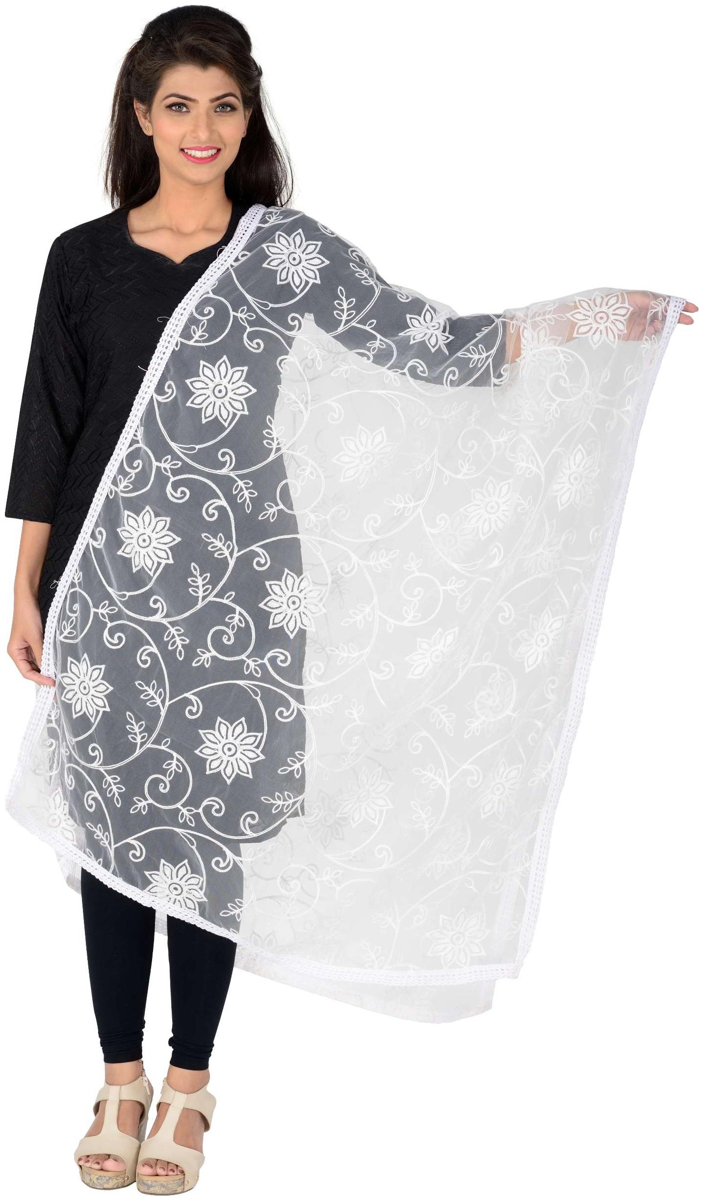 

Lionize Women s Banaras Silk Dupatta with same Colour Embroidered and Lace (White)