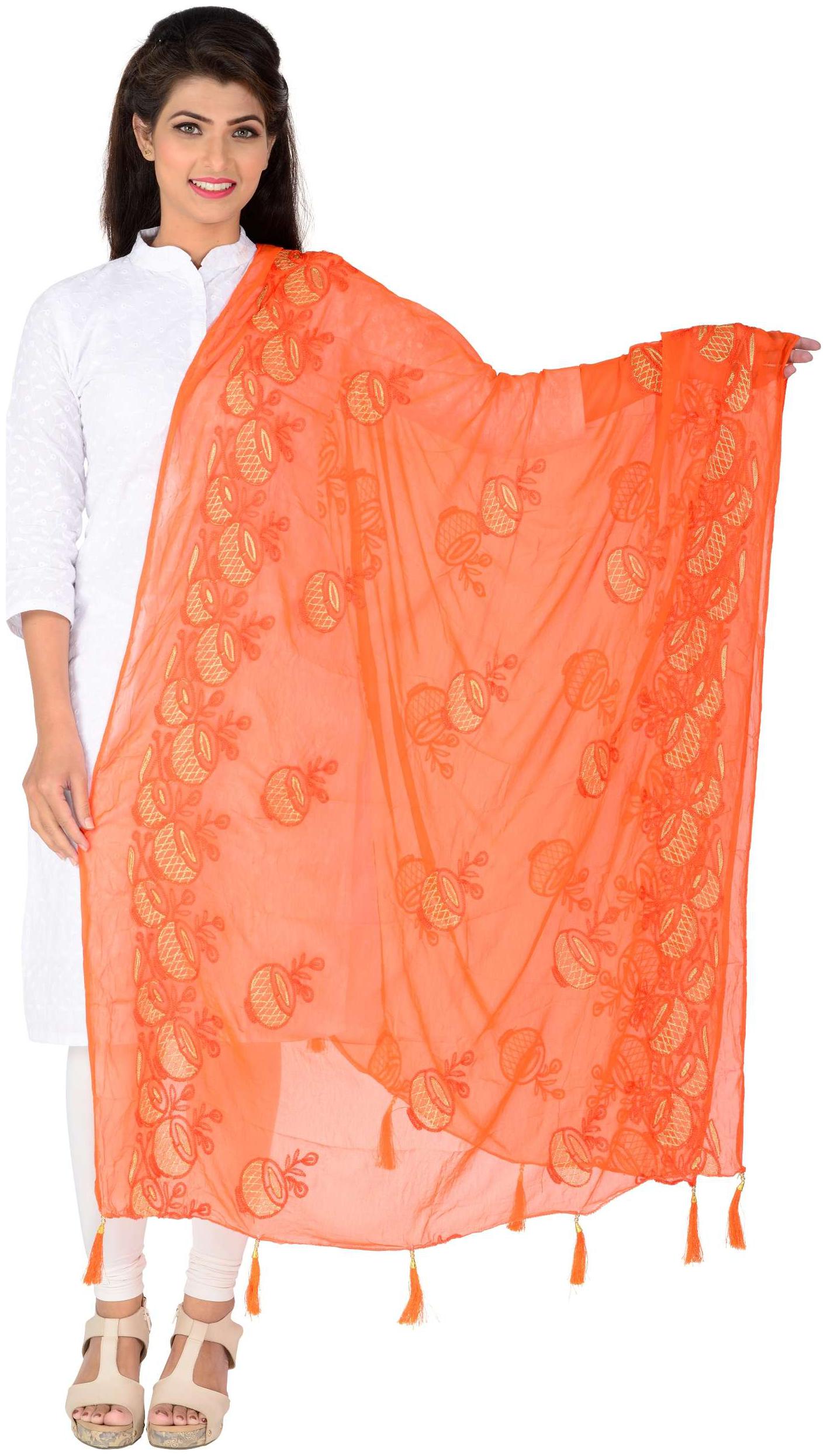 

Lionize Women s Pure Chiffon Embroidered Dupatta with Tussels at Pallu (Orange)