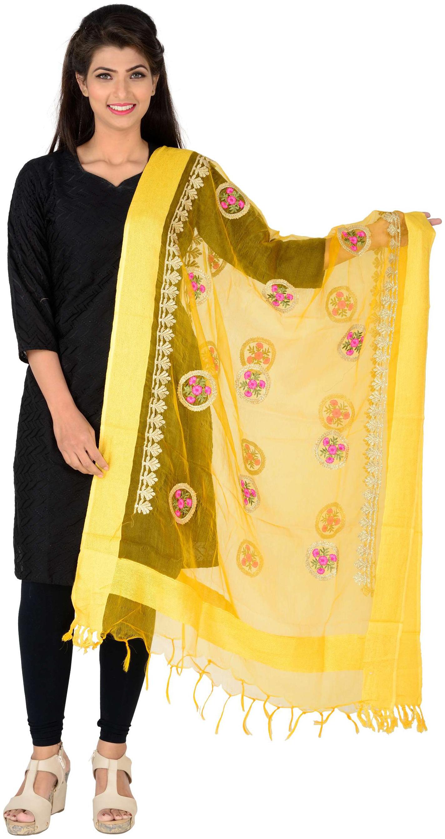 

Lionize Women s Jute Border Banaras Silk Dupatta with Multicolour Embroidered (Yellow)