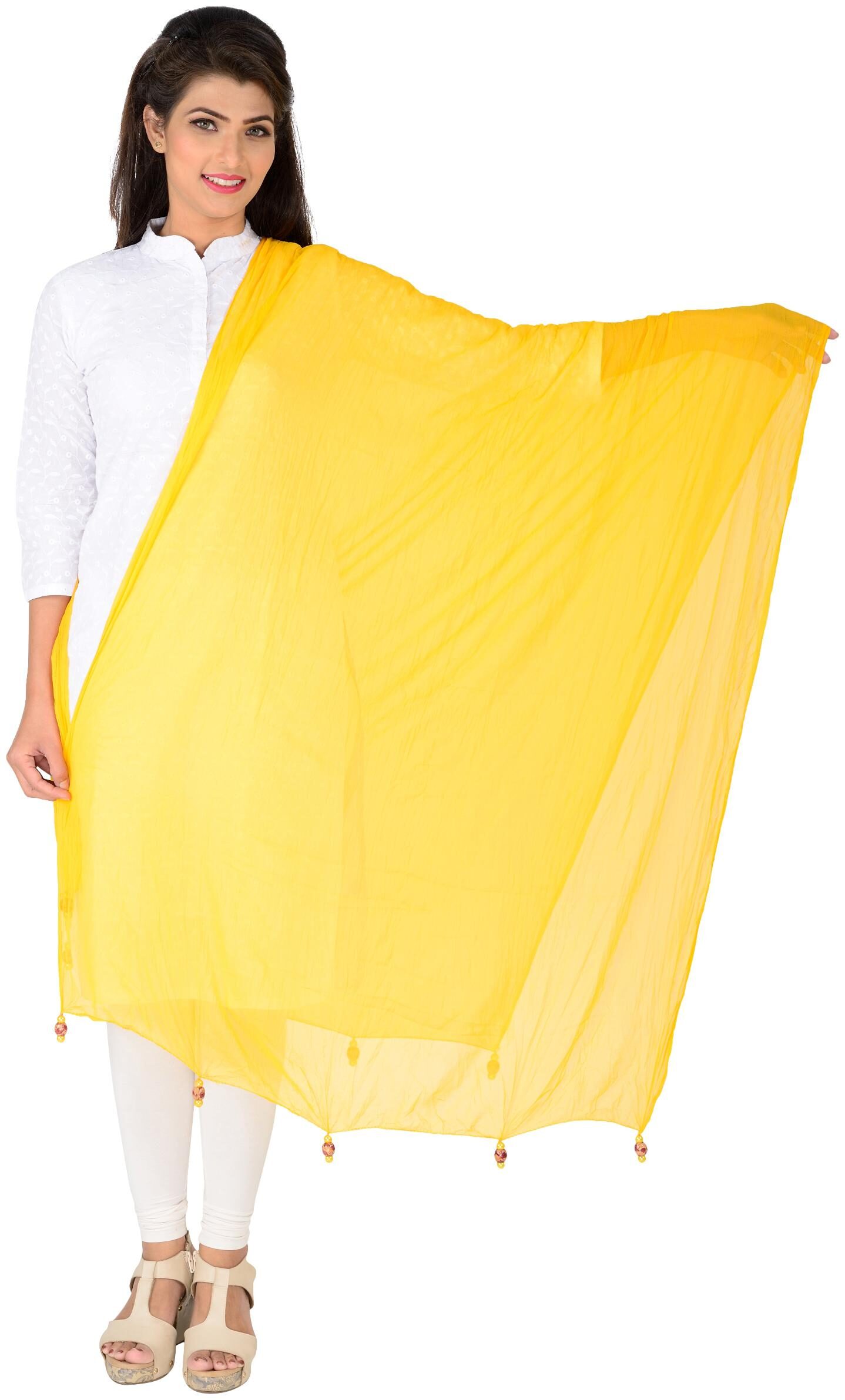 

Lionize Women s Pure Chiffon Solid dupatta with Beads Latkan at pallu (Yellow)