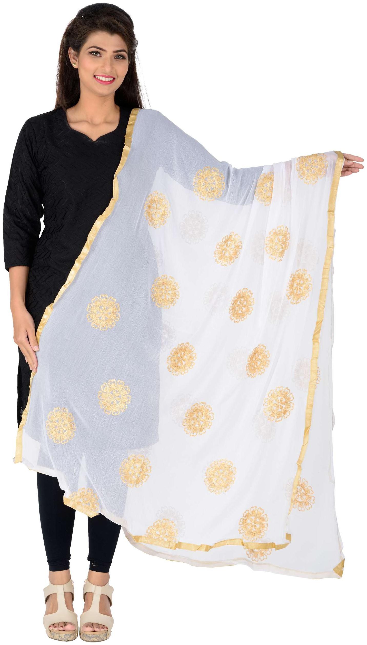 

Lionize Women s Pure Chiffon golden thread Embroidered Dupatta (White)