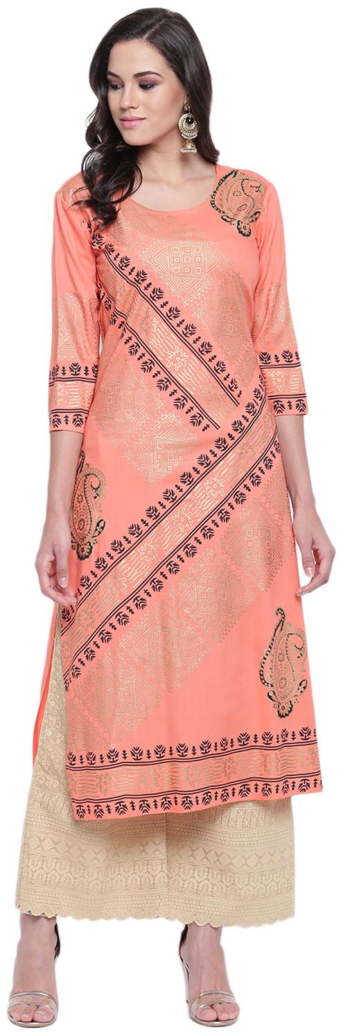 

LIVZA Women Orange Printed Straight Kurta