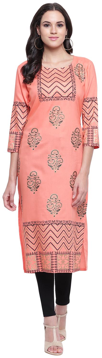 

LIVZA Women Orange Printed Straight Kurta