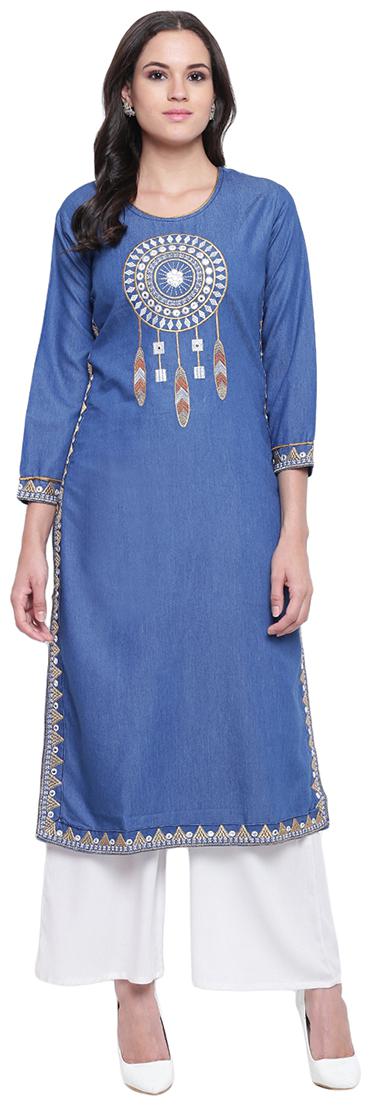 

LIVZA Women Blue Embroidered Straight Kurta