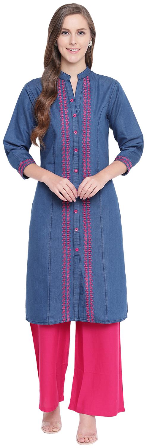 

LIVZA Women Blue Embroidered Regular Kurta