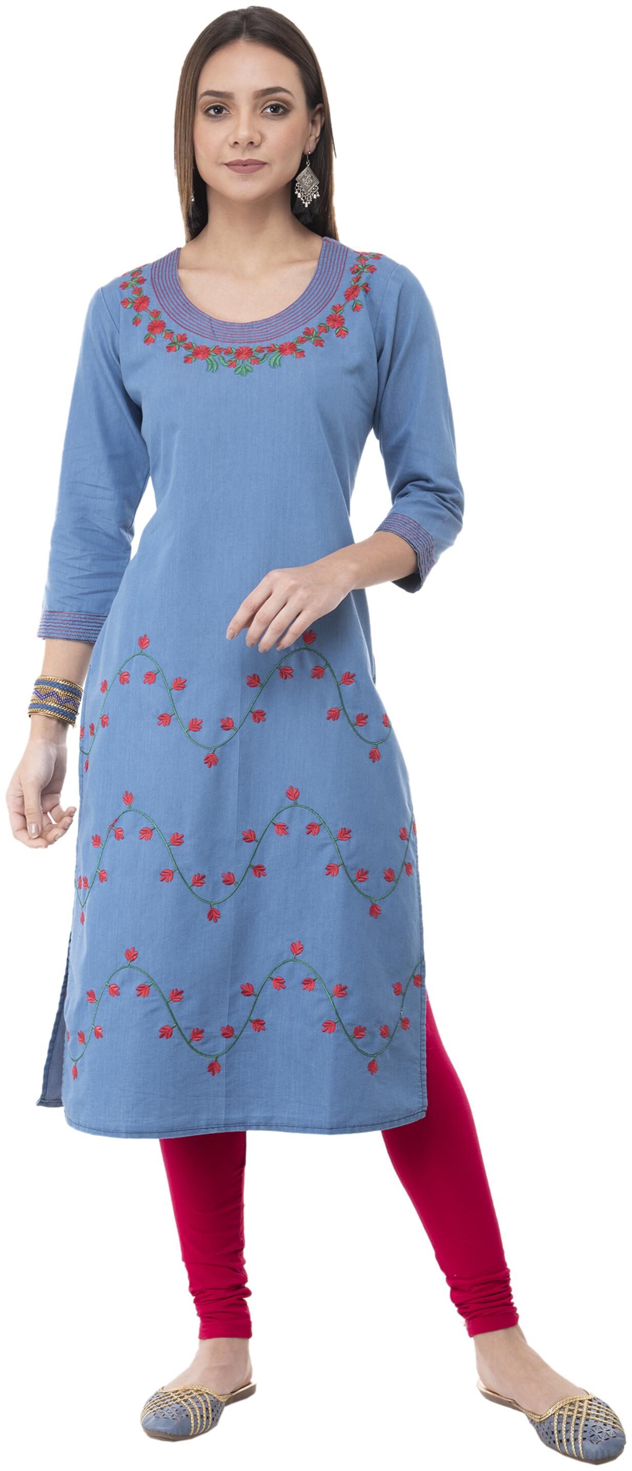 

LIVZA Women Blue Embroidered Straight Kurta