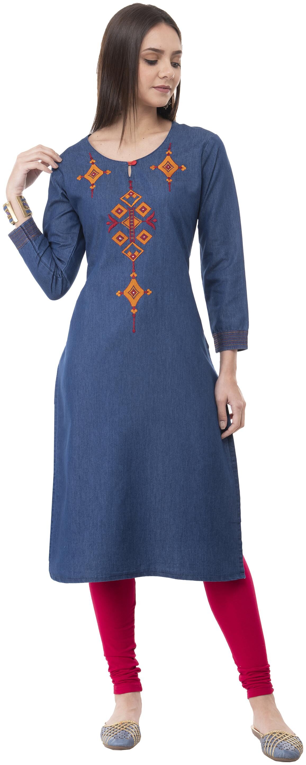

LIVZA Women Blue Embroidered Straight Kurta