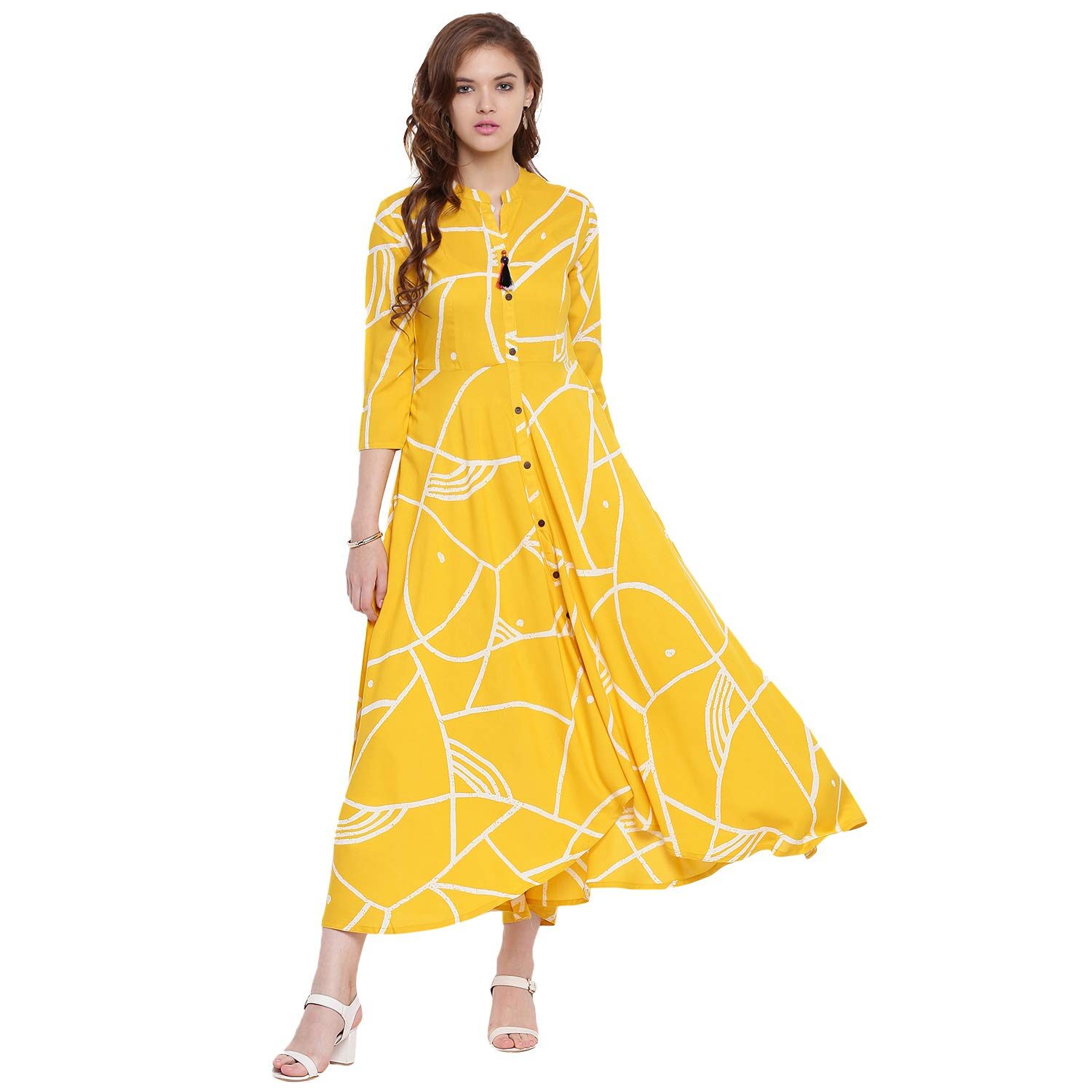 

LIVZA Women Viscose Rayon Printed Yellow Kurta Dress
