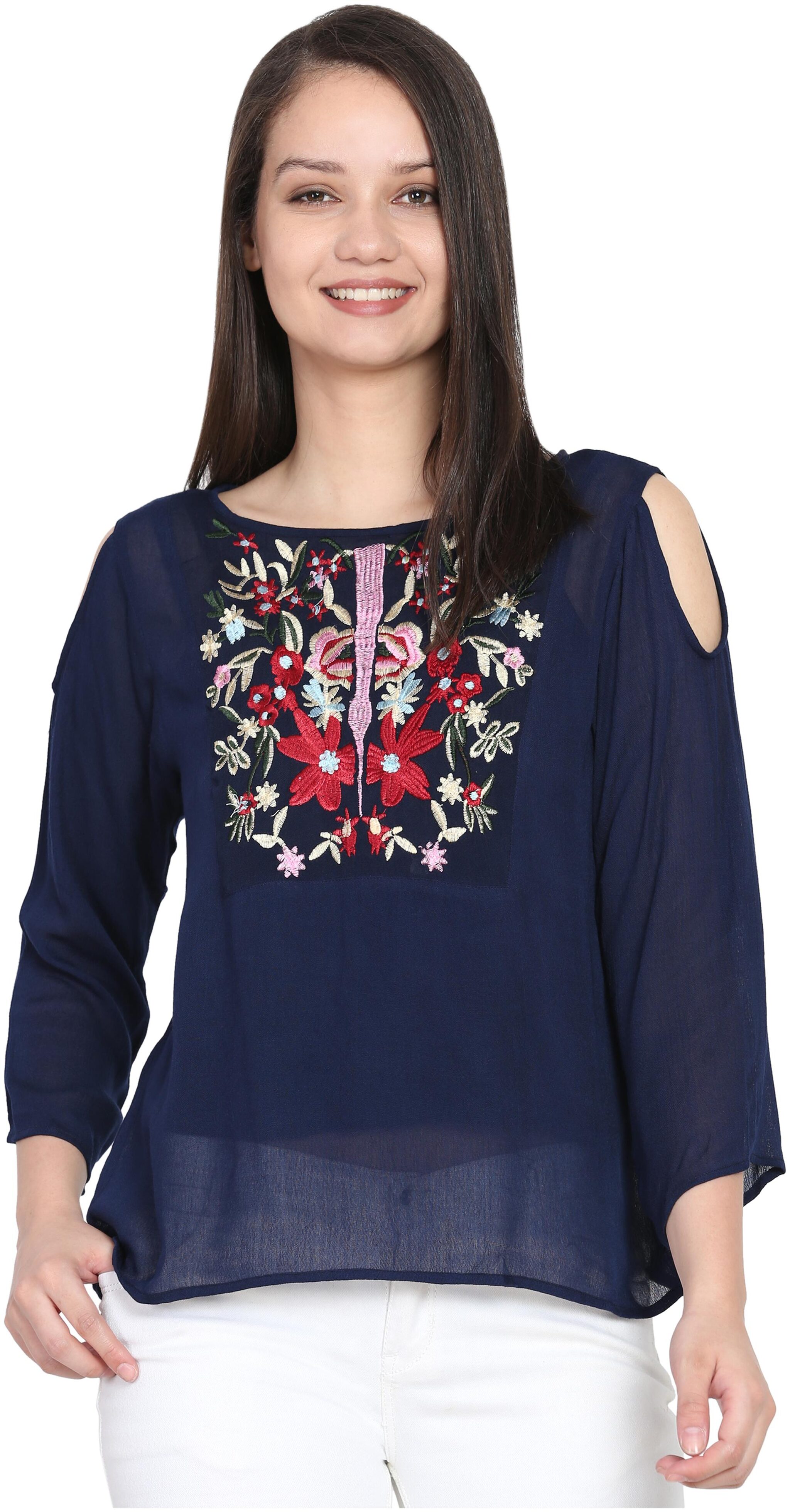

LIVZA Women Embroidered Regular top - Blue