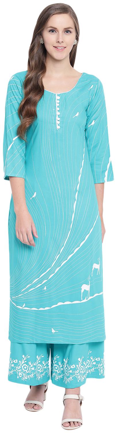 

LIVZA Women Turquoise Printed Straight Kurta With Palazzo